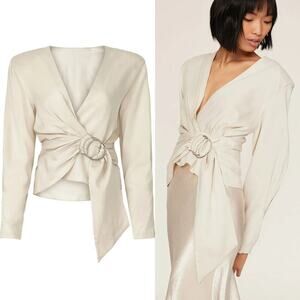 IRO Hazal Top Satin Long Sleeve V-Neck Gathered Wrap Front Blouse Off-White S
